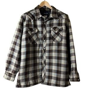 Large Wrangler Mens Plaid Flannel Vtg Lined Pearl Snap Western Shirt Jacket